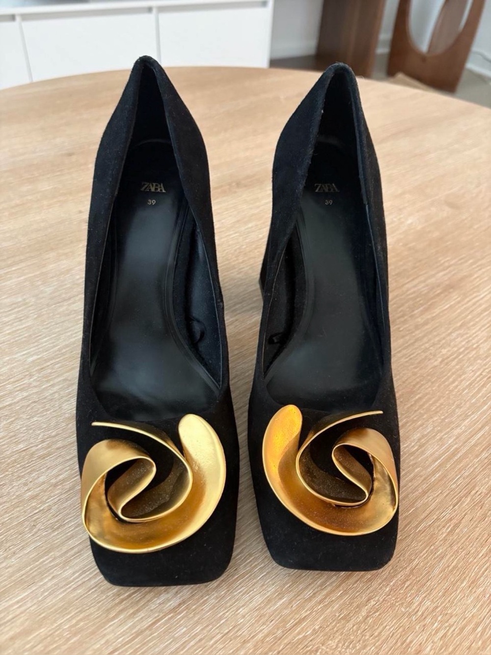 ZARA Black Suede Pumps with Gold Sculptural Accent